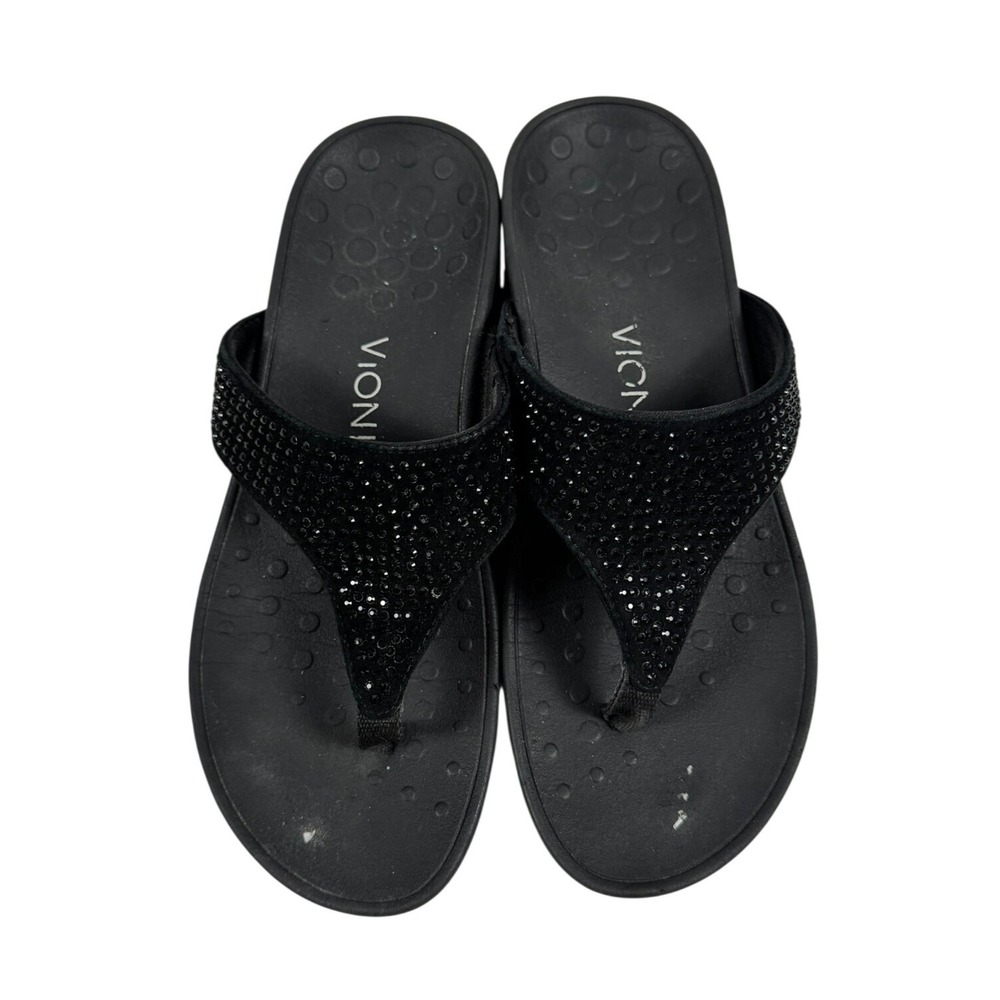 Vionic Naples Black Rhinestone Wedge Sandals Orthaheel Thong Slides Women 7